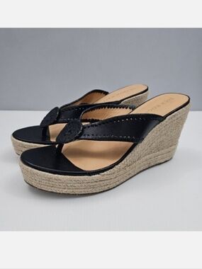 Jack Rogers Rowan Espadrille Wedge Sandal Womens 11 Black Leather Thong Jute NEW